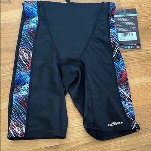 Dolfin Men's Swim Trunks with Black, Blue, and Red Design